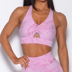 Bombshell Sportswear Marble pink Adjustable Toggle Sports Bra Size Medium